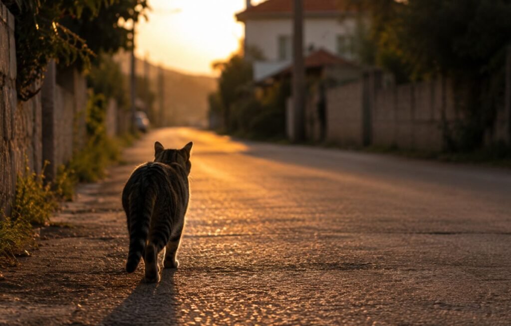 Mačka hoda sama ulicom tokom zalaska sunca kao simbol odlaska od kuće i istraživanja teritorije - Zašto mačke odlaze od kuće