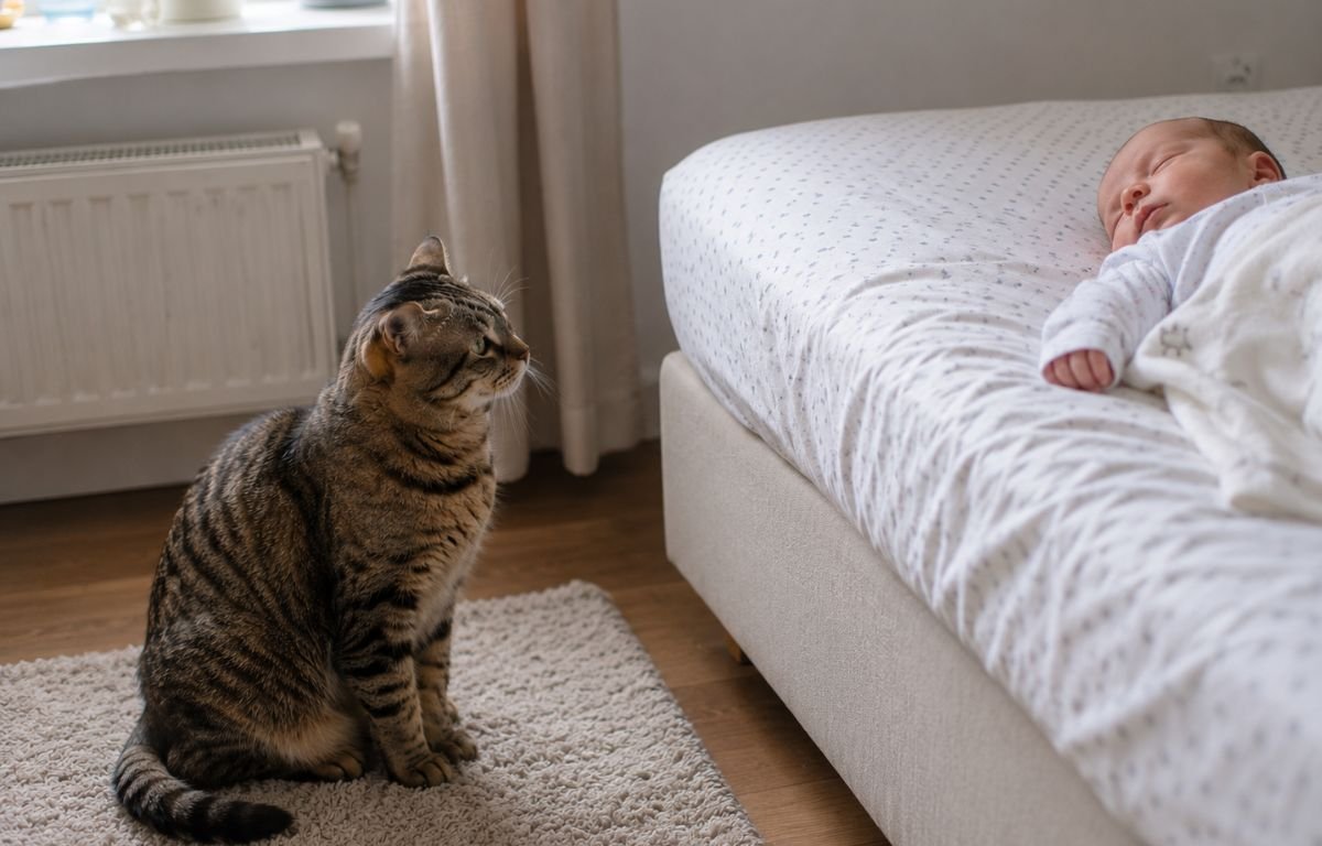 Mačija dlaka i bebe dok domaća tigrasta mačka mirno posmatra uspavanu bebu u porodičnom domu