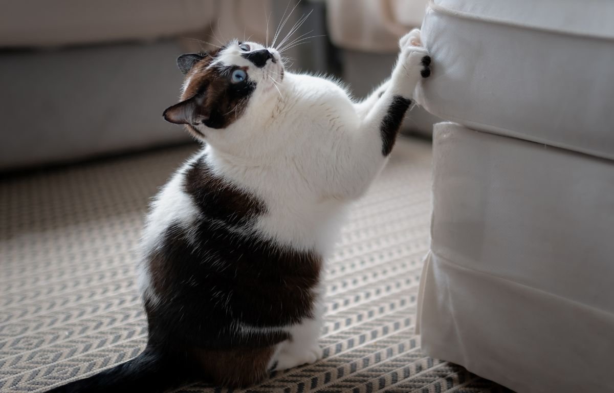 Kako sprečiti mačku da grebe nameštaj – mačka grebe ugao garniture u dnevnoj sobi
