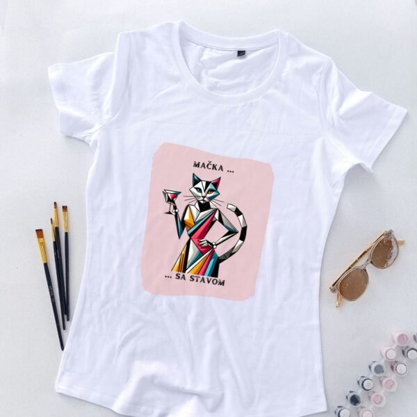 bela ženska majica mačka sa stavom