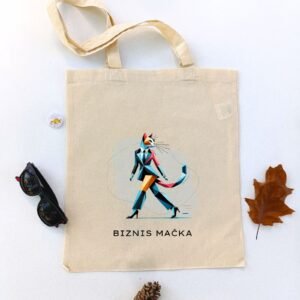 Ceger Biznis Mačka sa ilustracijom mačke u odelu i štiklama, simbol samopouzdanja i stila. Idealan poklon za poslovne žene koje vole mačke.