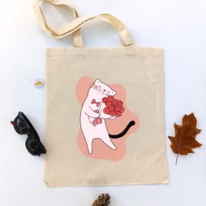 Ceger Buket Ljubavi sa ilustracijom bele mačke koja drži buket crvenih ruža. Idealan poklon za ljubitelje mačaka i sve koji veruju u nežnost i emocije.