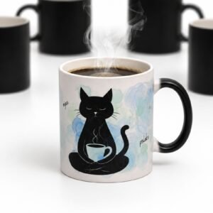 Šolja za jutarnju kafu Mjau i polako sa ilustracijom crne mačke i toplom kafom koja se puši