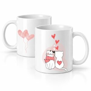 Šolja Dve mace i srca sa ilustracijom dve zaljubljene mačke, crvenim srcima i balonima u obliku srca – macketinashop