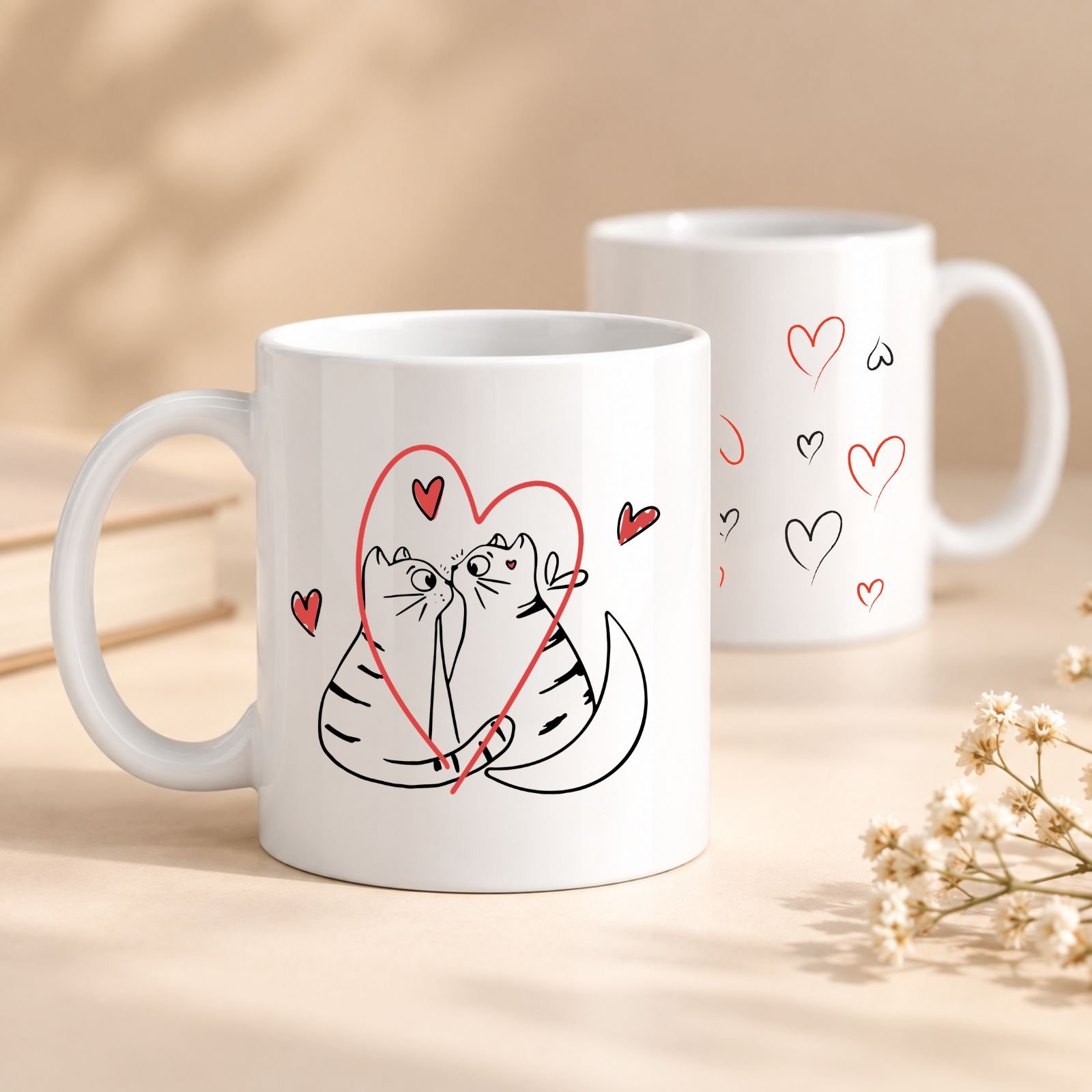 Šolja Mace u ljubavi sa ilustracijom dve zaljubljene mačke u srcu i crveno-crnim motivima srca – macketinashop