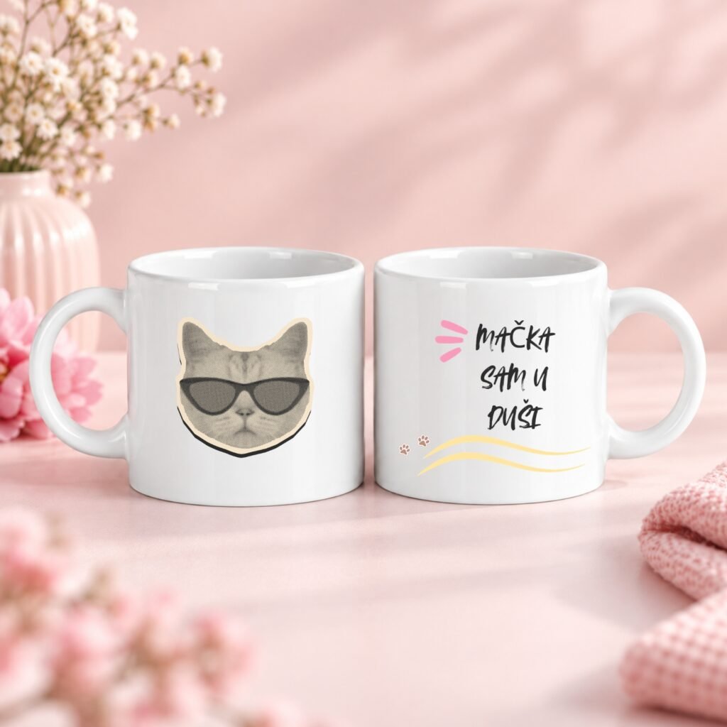 Mala Šolja mačka sam u duši – originalan poklon za mačkoljupce, bela šolja sa mačkom u naočarima i mačijim natpisom u roze ambijentu – macketinashop