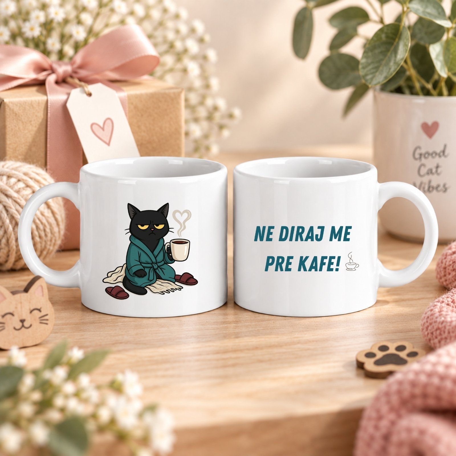 Šolja Ne diraj me pre kafe – originalan poklon za ljubitelje kafe i mačaka sa crnom mačkom, šoljom kafe i smešnim natpisom