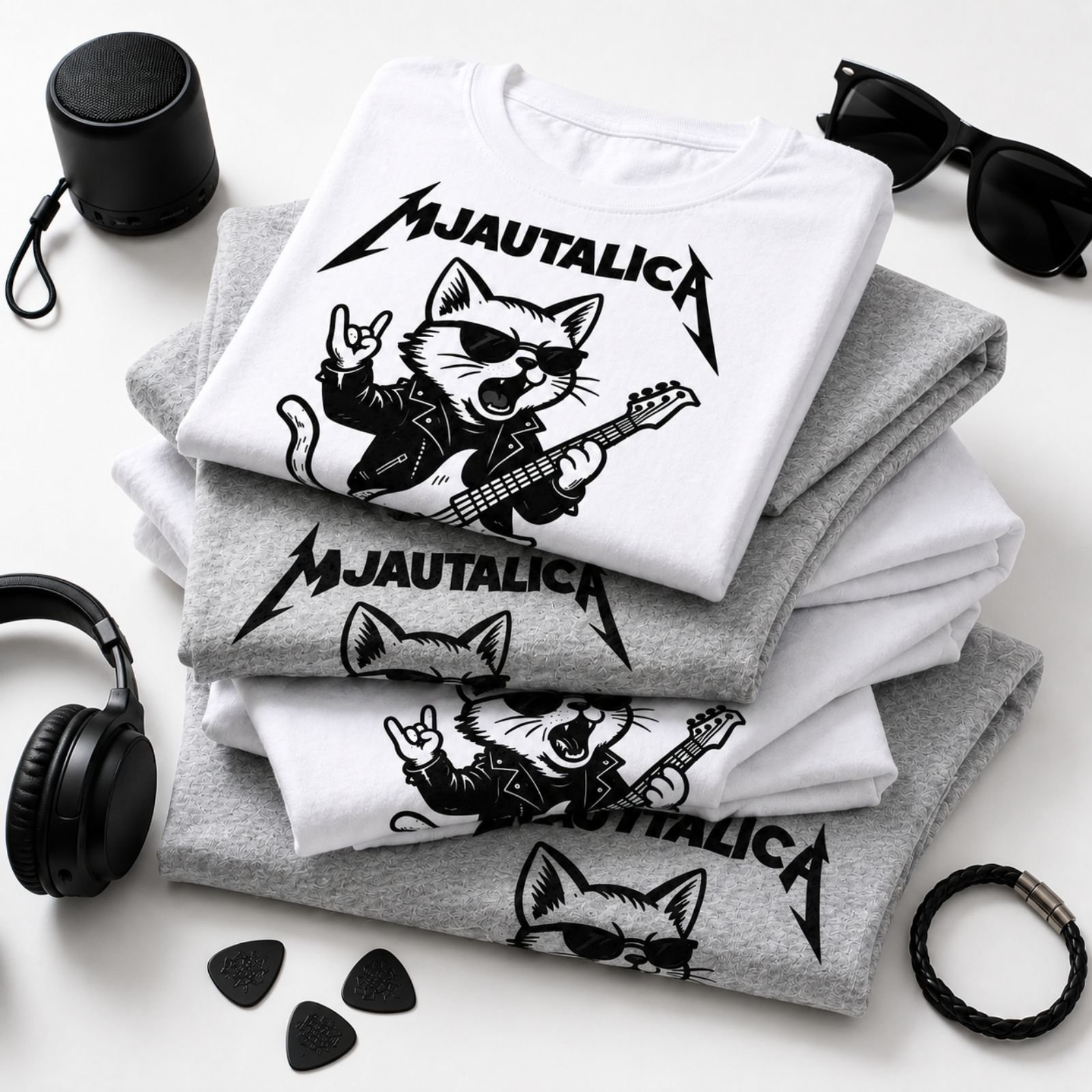 Bela i siva Mjautalica muška majica sa rock mačkom i gitarom – originalne majice za ljubitelje mačaka