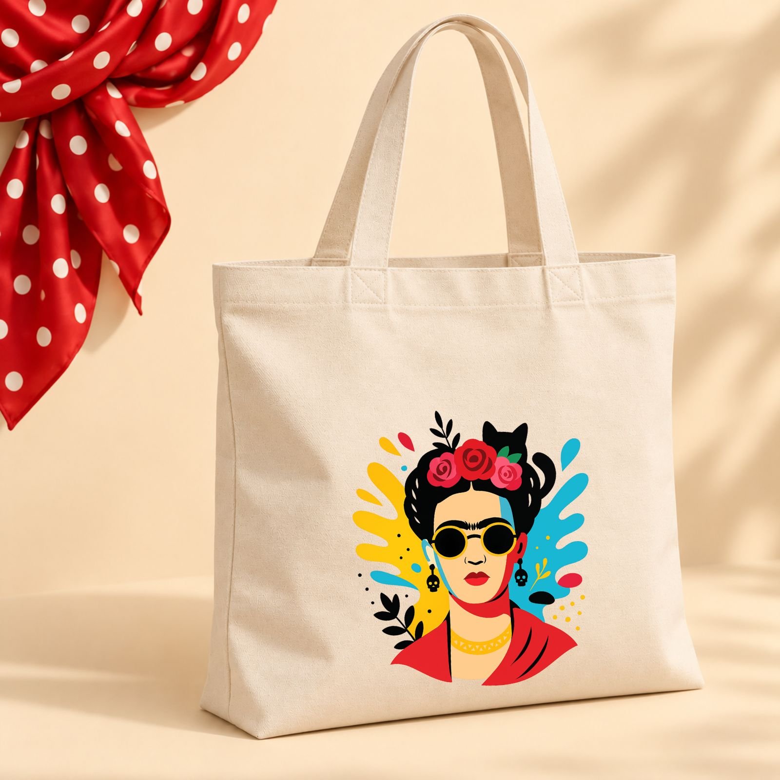 Ceger Frida u bojama – poklon za mačkoljupce sa stilom, sa šarenom ilustracijom Fride, cvećem, naočarima i crnom mačkom – macketinashop
