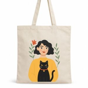 Ceger Mačkasta Ja – poklon za umetnicu koja voli mačke, sa ilustracijom žene sa naočarima, crnom mačkom i cvetnim motivima – macketinashop