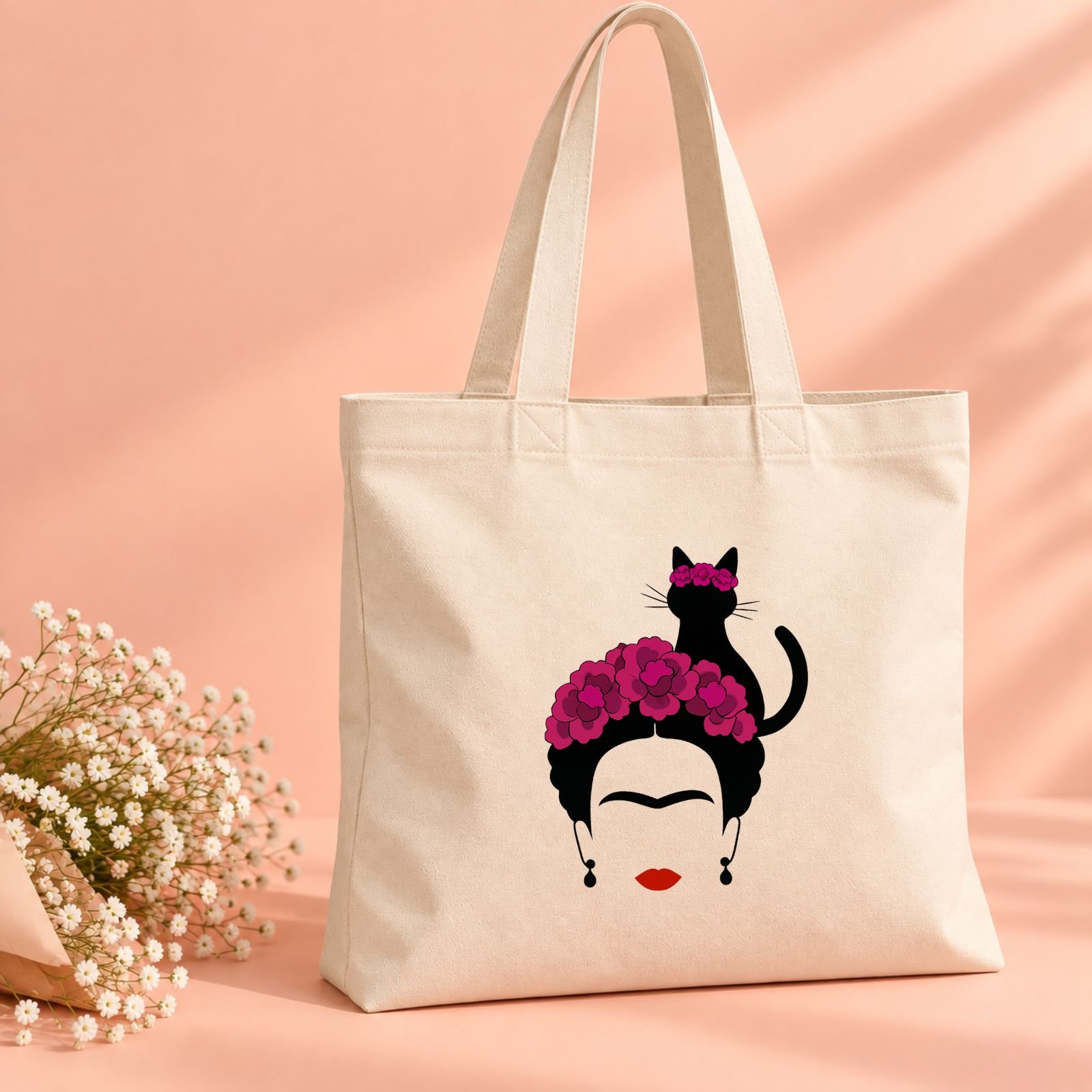 Ceger Mačkolika Frida – originalan poklon za ljubitelje mačaka sa motivom Fride Kalo, crne mačke i roze cveća – macketinashop