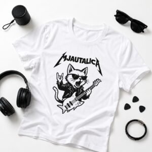 Muška majica Mjautalica sa rock mačkom i gitarom – originalna rock majica za ljubitelje mačaka