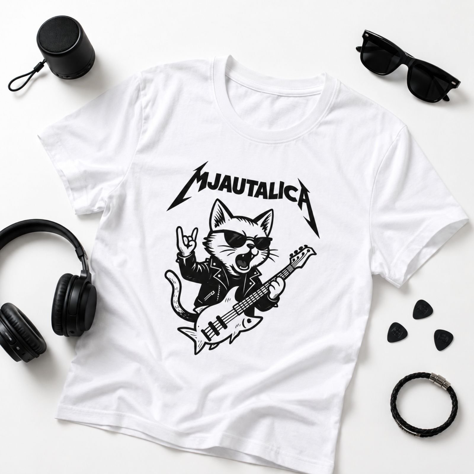 Muška majica Mjautalica sa rock mačkom i gitarom – originalna rock majica za ljubitelje mačaka