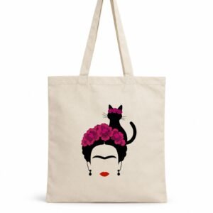 Originalan poklon za ljubitelje mačaka – Ceger Mačkolika Frida sa crnom mačkom, roze cvetnim venčićem i motivom Fride Kalo – macketinashop