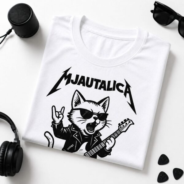 Presavijena bela muška majica Mjautalica sa rock mačkom i gitarom – originalna majica za ljubitelje mačaka