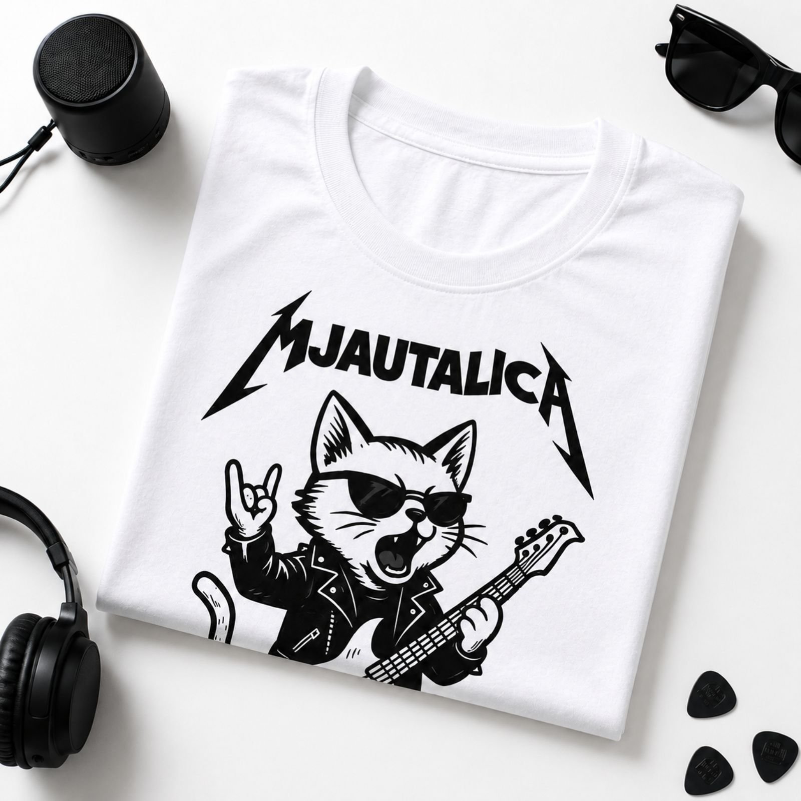 Presavijena bela muška majica Mjautalica sa rock mačkom i gitarom – originalna majica za ljubitelje mačaka