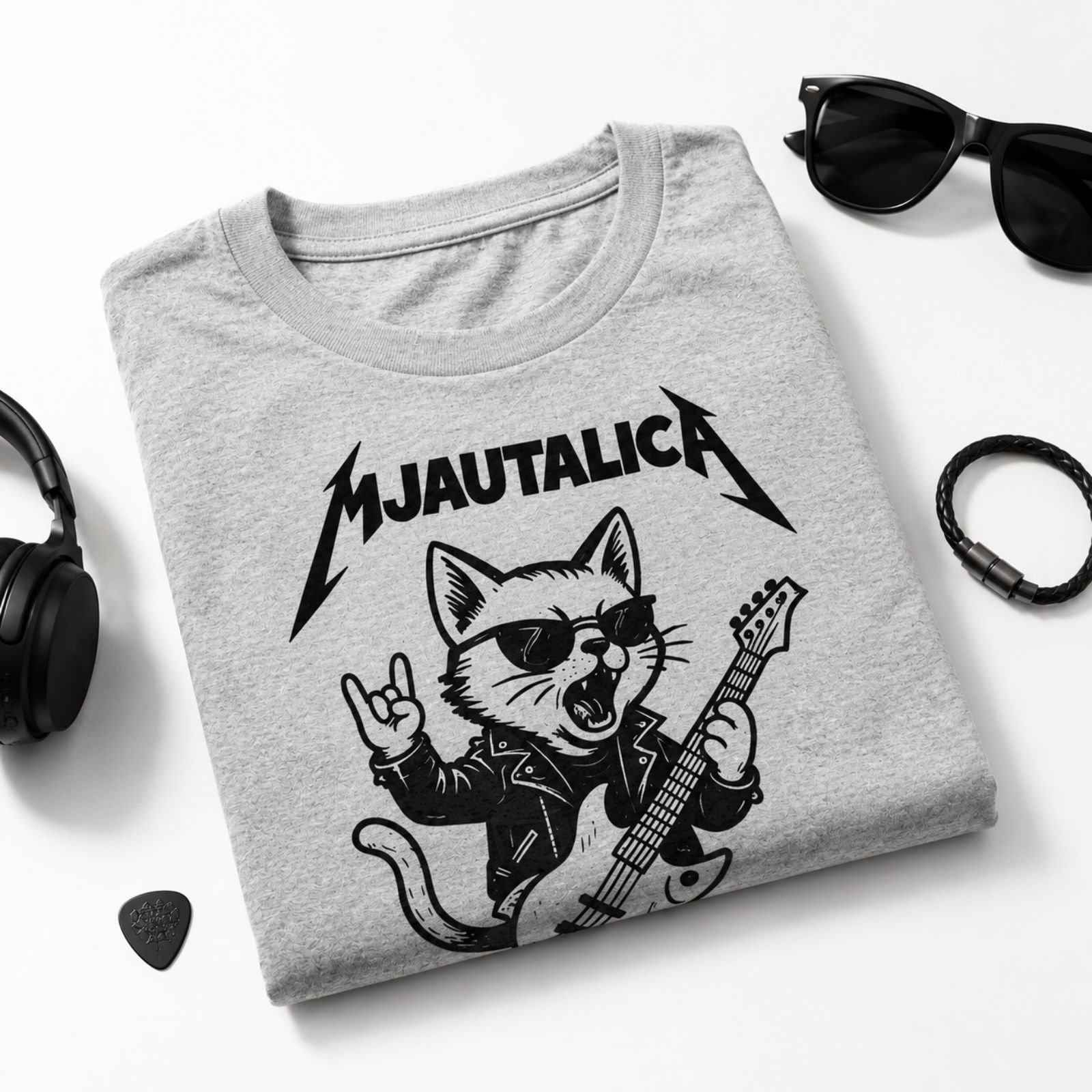 Presavijena siva muška majica Mjautalica sa rock mačkom i gitarom – originalan poklon za ljubitelje mačaka