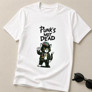 Punk majica sa mačkom Mjau Punk u beloj boji sa crnom mačkom, šarenom pank frizurom i natpisom Punk's Not Dead – macketinashop