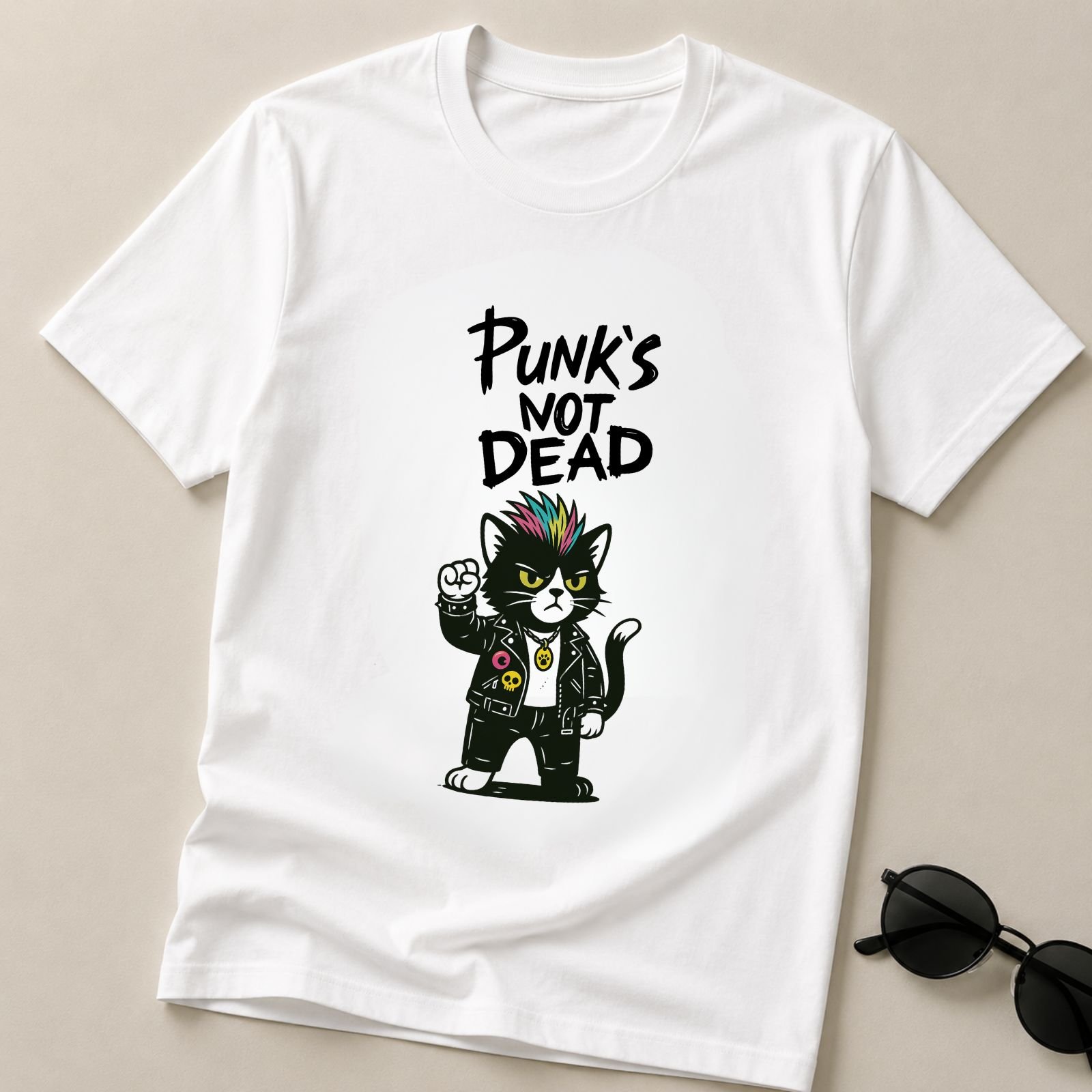 Punk majica sa mačkom Mjau Punk u beloj boji sa crnom mačkom, šarenom pank frizurom i natpisom Punk's Not Dead – macketinashop