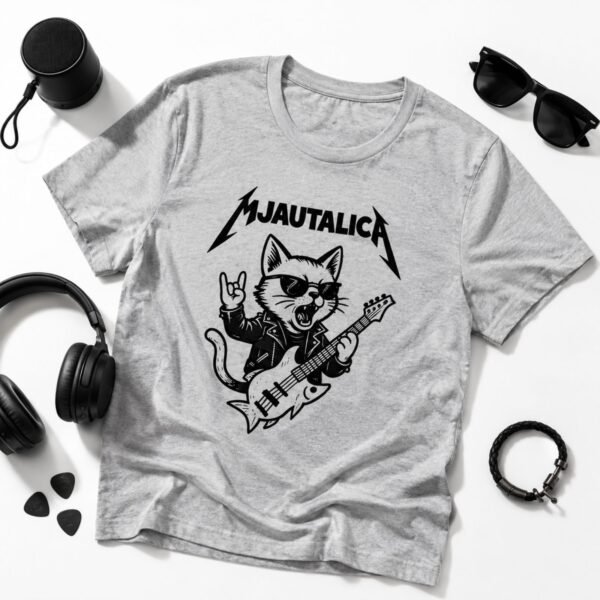 Siva muška majica Mjautalica sa ilustracijom rock mačke i gitarom – originalna majica za ljubitelje mačaka i rock muzike