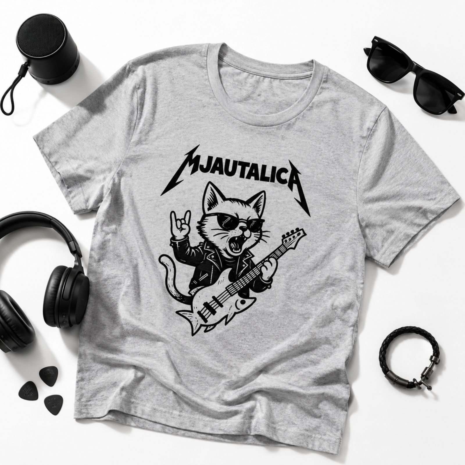 Siva muška majica Mjautalica sa ilustracijom rock mačke i gitarom – originalna majica za ljubitelje mačaka i rock muzike