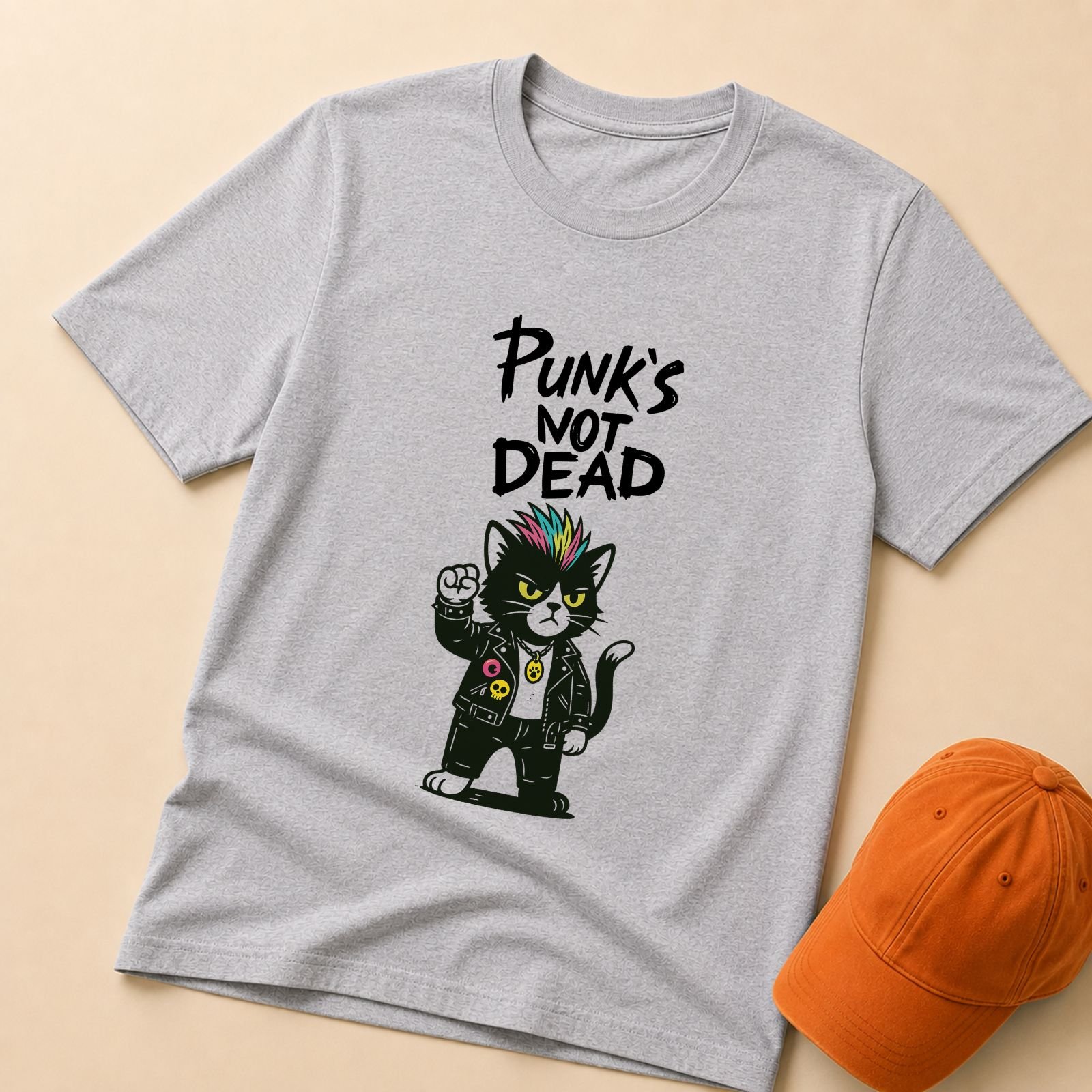 Siva punk majica sa mačkom Mjau Punk sa mačkom u kožnoj jakni, šarenom frizurom i natpisom Punk's Not Dead – macketinashop