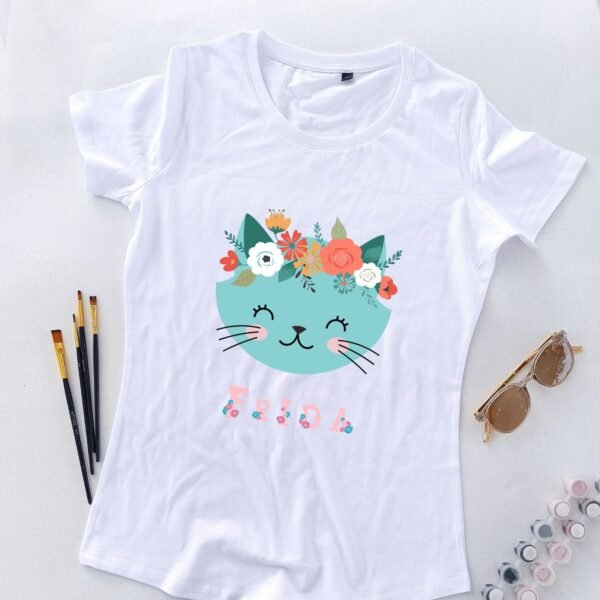Majica Frida Mjau Kraljica - Ženska majica sa mačkom i cvećem - majica sa printom mačke i cvetnog venca Frida Mjau Kraljica