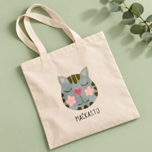 Ceger Mačkasto – savršen poklon za mačkoljupce sa simpatičnom sivom mačkom, roze srcem i cvetnim detaljima – macketinashop