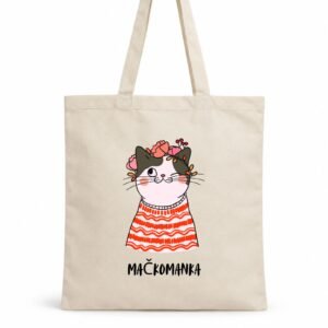 Originalan poklon za ljubitelje mačaka – Ceger Mačkomanka sa ilustracijom mačke u cvetnom venčiću i crveno-belom džemperu – macketinashop