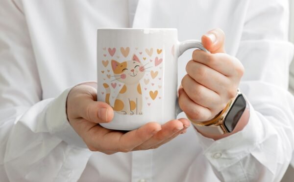 Šolja Maca u Srcima - Poklon šolja za ljubitelje mačaka - Šolja sa slatkom mačkom okruženom srcima