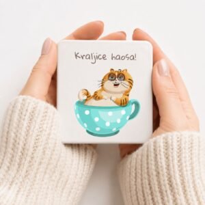 Žena drži magnet Kraljice haosa sa mačkom – originalan poklon za drugaricu