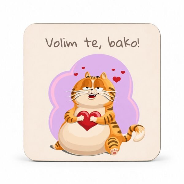Magnet Volim te bako sa mačkom koja drži srce – originalan poklon za baku