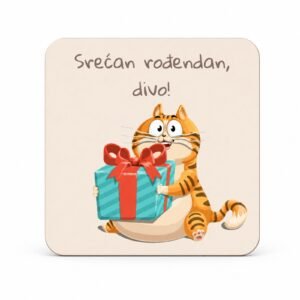 Mali rođendanski poklon magnet Srećan rođendan divo sa mačkom i poklon kutijom