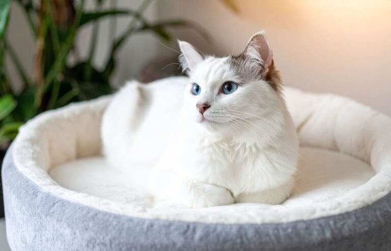 Kako izabrati idealan krevet za mačke – bela mačka u udobnom plišanom krevetu za spavanje