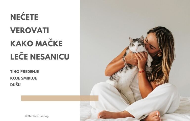 Nećete verovati kako mačke leče nesanicu - Žena u beloj pidžami sedi na krevetu i drži mačku u naručju, simbolizujući mir i predenje koje pomaže protiv nesanice.