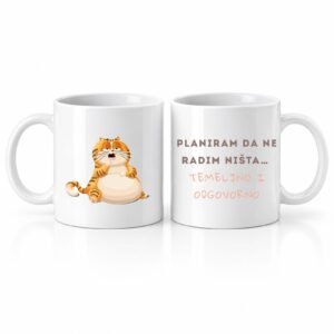 Šolja Planiram da ne radim ništa – poklon za spavalice sa narandžastom mačkom i natpisom Temeljno i odgovorno – macketinashop