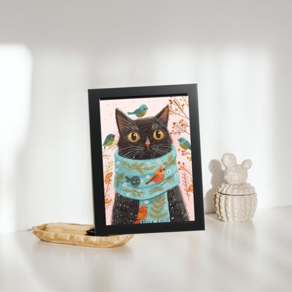 Mačiji zimski prijatelj poster u ramu u enterijeru – dekoracija doma