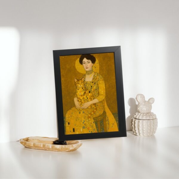 Art poster Dama sa mačkom u crnom ramu sa dekorativnim senkama