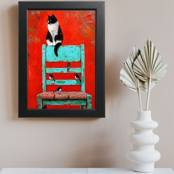 Crno-bela mačka na tirkiznoj stolici – poster u ramu A3 i A4