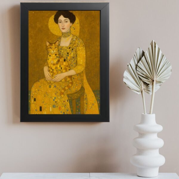 Art poster Dama sa mačkom u crnom ramu sa dekorativnim senkama