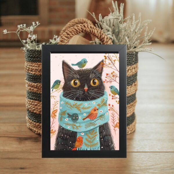 Poster u crnom ramu Mačiji zimski prijatelj – moderna dekoracija u enterijeru