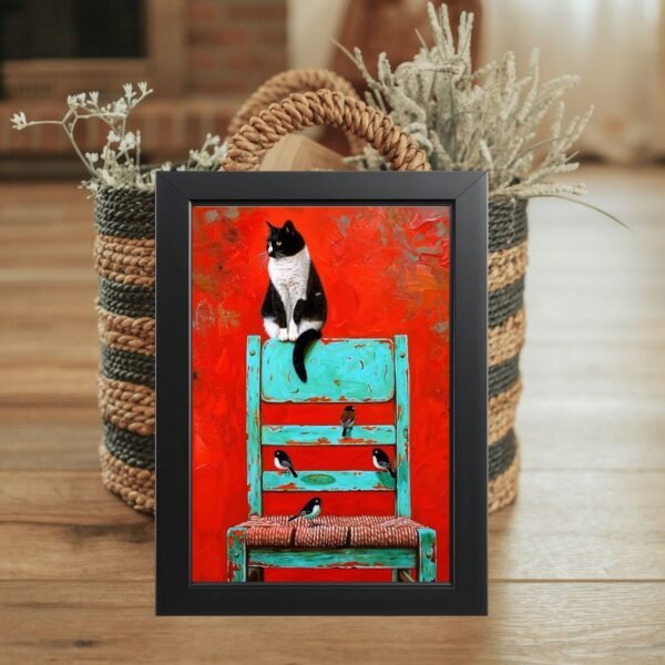 Crno-bela mačka na tirkiznoj stolici – poster u ramu A3 i A4
