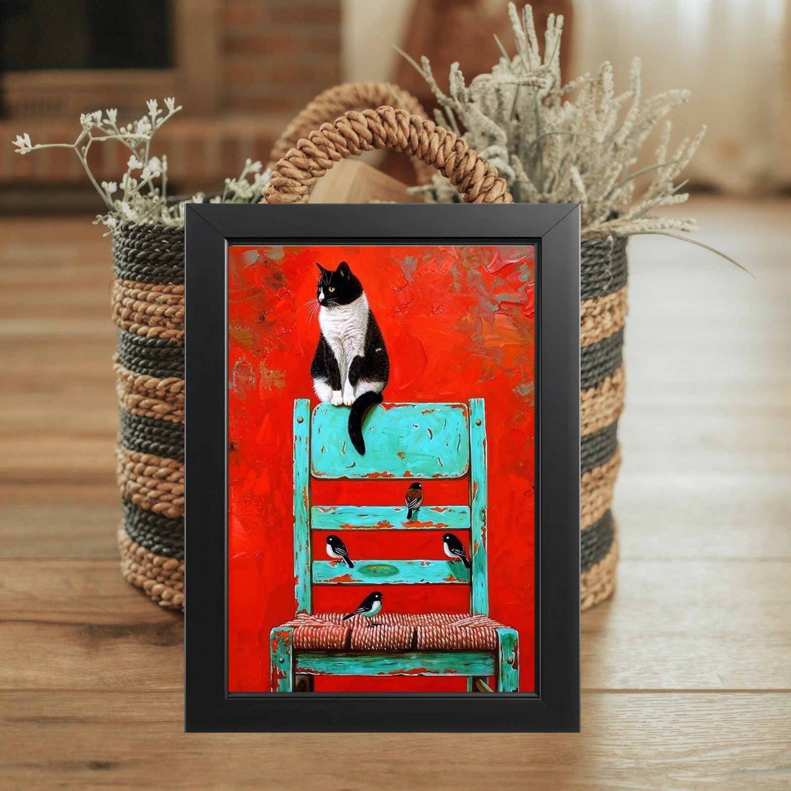 Crno-bela mačka na tirkiznoj stolici – poster u ramu A3 i A4