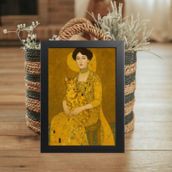 Art poster Dama sa mačkom u crnom ramu sa dekorativnim senkama