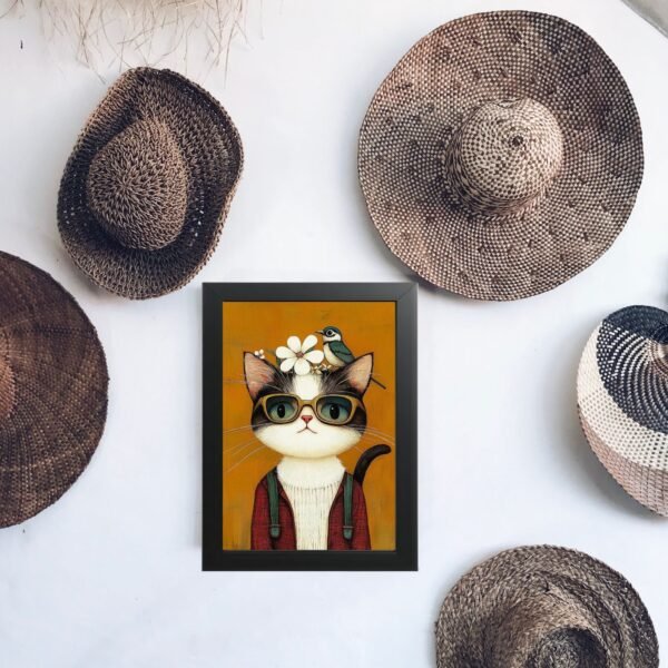 Poster Mačka i ptica u crnom ramu na zidu u modernom enterijeru