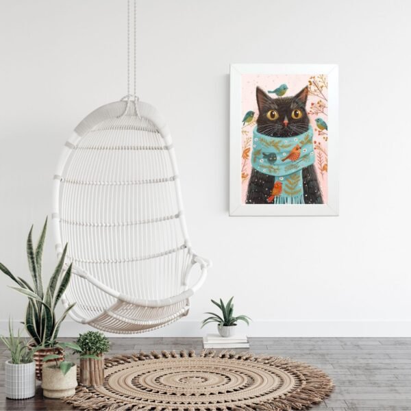 Uramljeni poster Mačiji zimski prijatelj među biljkama – dekoracija zida