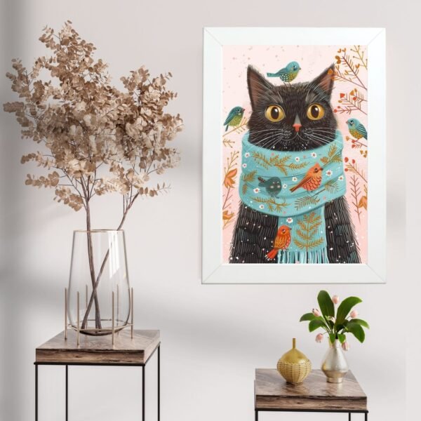 Mačiji zimski prijatelj poster u ramu u enterijeru – dekoracija doma