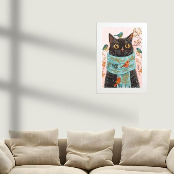 Mačiji zimski prijatelj poster u ramu u enterijeru – dekoracija doma