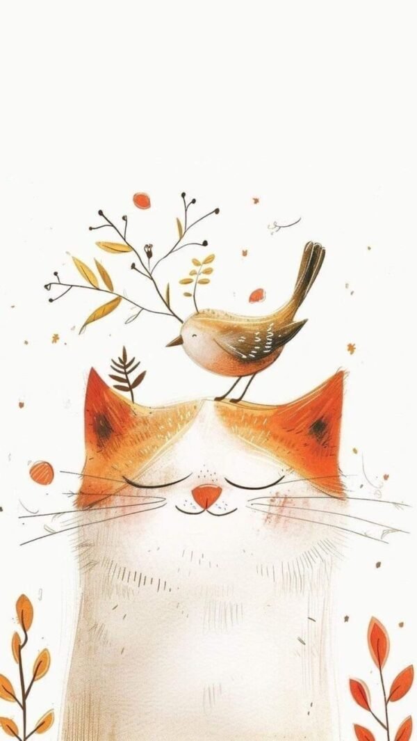 poster u ramu jesenje prijateljstvo mačka i ptica beli ram zidna dekoracija