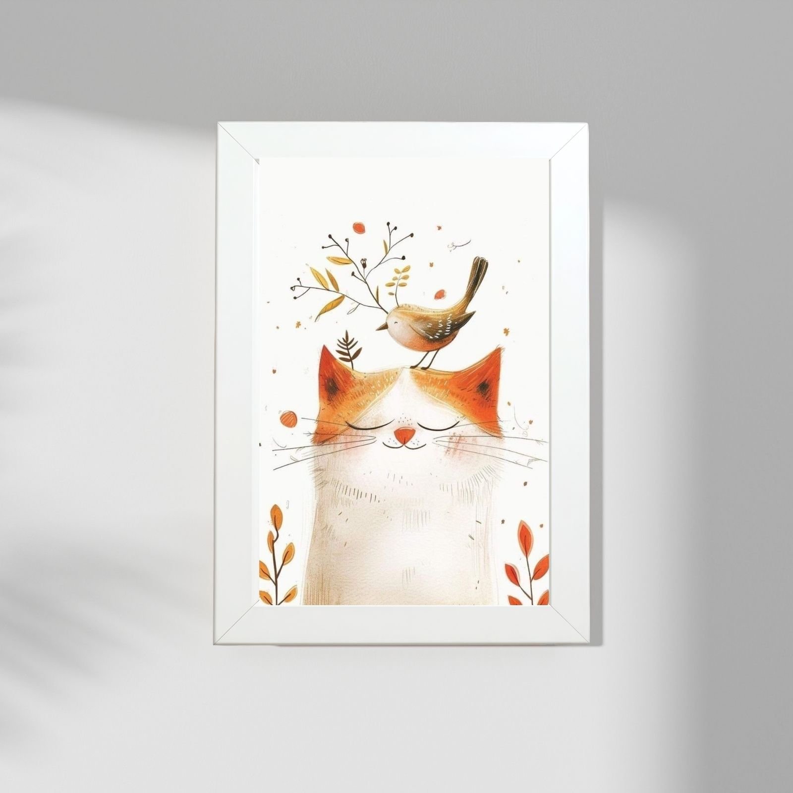 poster u ramu jesenje prijateljstvo mačka i ptica beli ram zidna dekoracija
